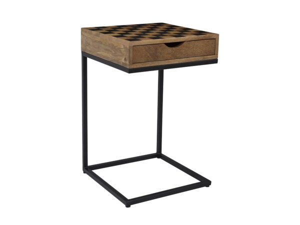 Stolik pomocniczy z drewnianym blatem i czarną ramą stalową