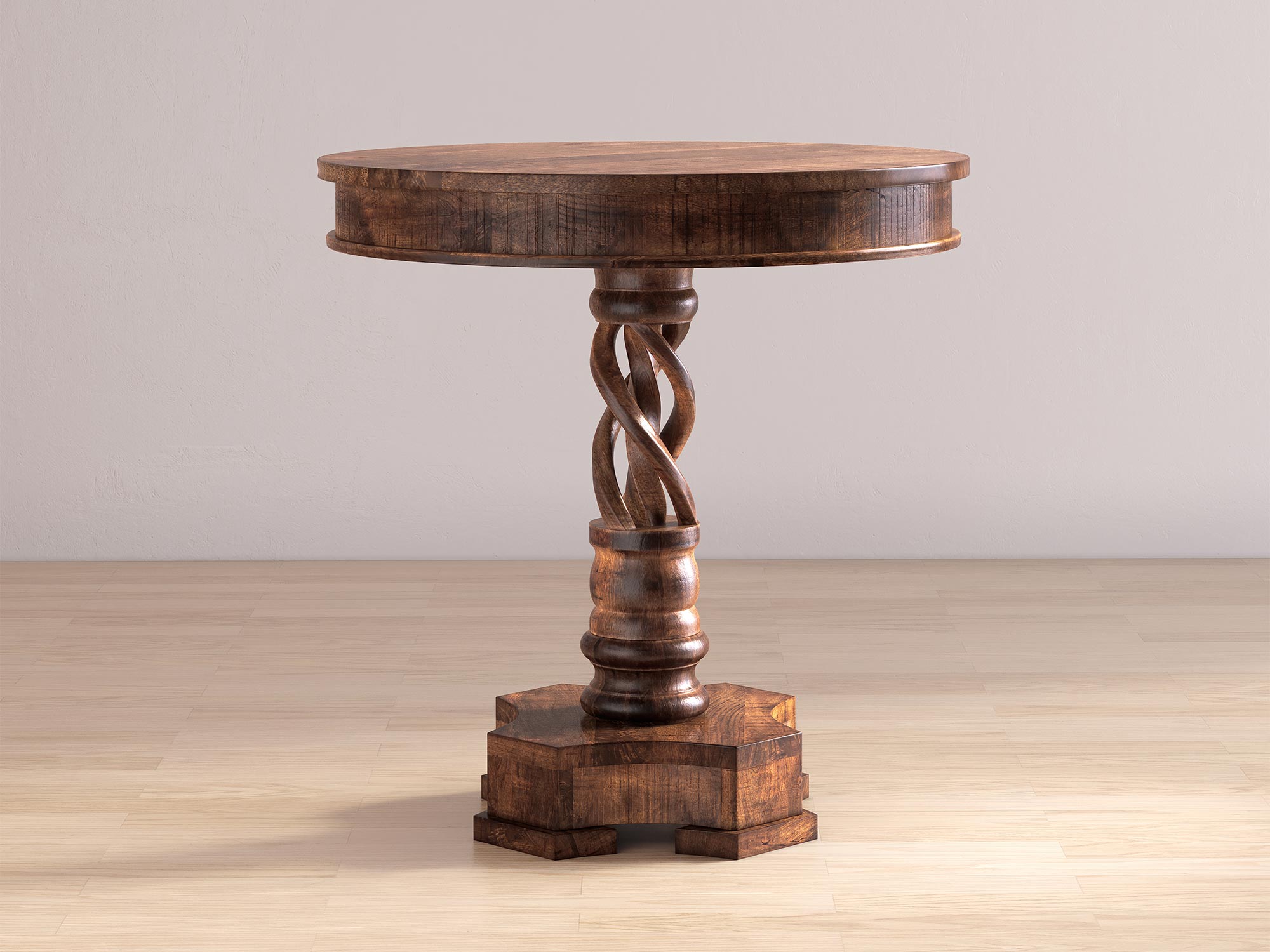 Okrągły stół z toczoną nogą i zdobioną podstawą w rustykalnym stylu