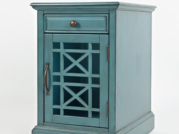 Szafka nocna turkusowa z jedną szufladą i szafką zamykaną frontem w kratownicę