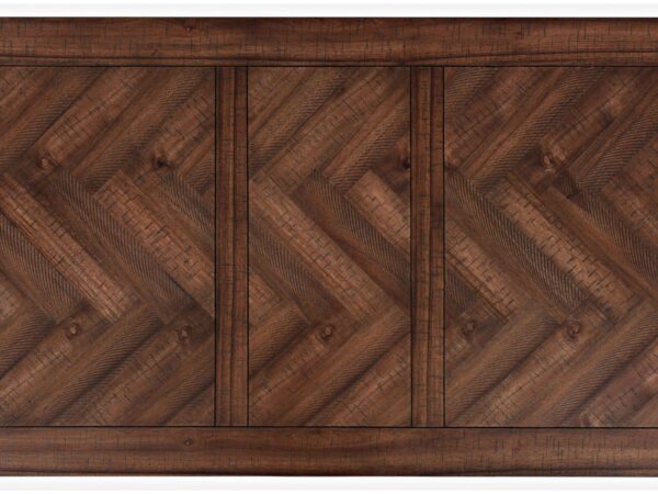 Front drewnianej komody z wzorem jodełki w ciemnym wykończeniu