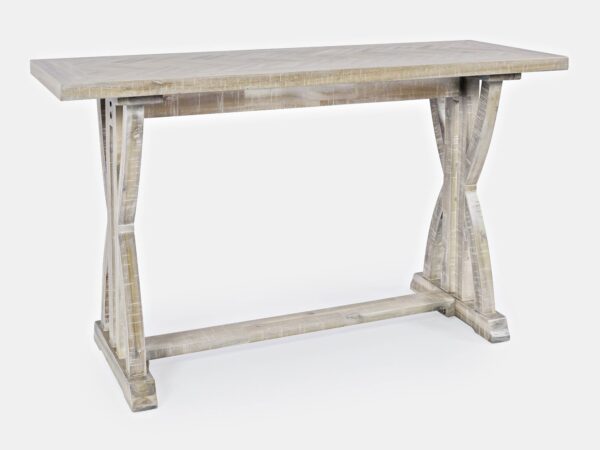Stół konsolowy w bielonym drewnie z klasycznymi nogami i poprzeczną belką