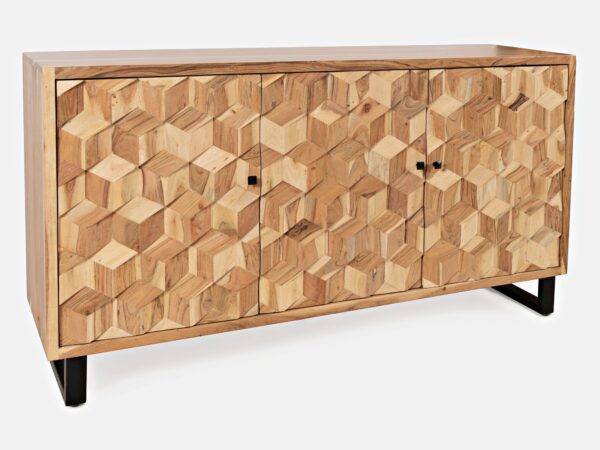 Komoda drewniana w naturalnym odcieniu z trójwymiarowymi frontami i metalowymi nogami