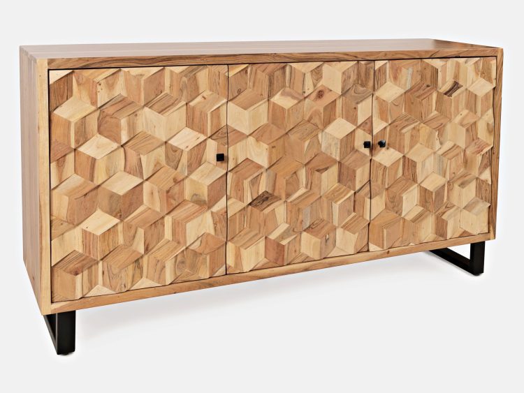 Komoda drewniana w naturalnym odcieniu z trójwymiarowymi frontami i metalowymi nogami