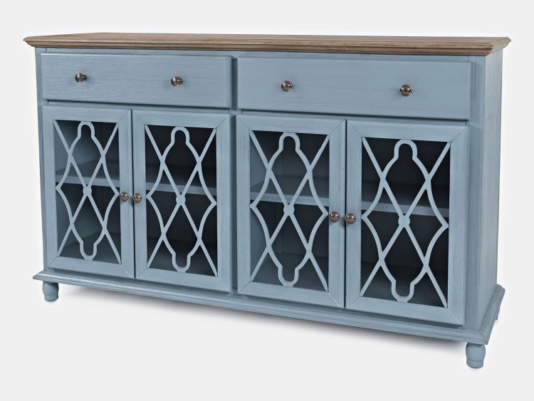 Komoda w kolorze błękitnym z przeszklonymi frontami w stylu vintage