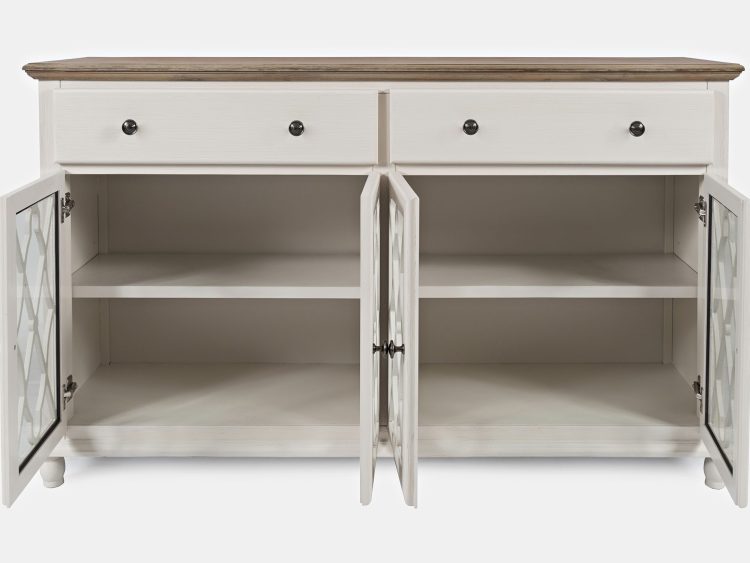 Komoda biała w stylu prowansalskim z przeszklonymi drzwiami i półkami