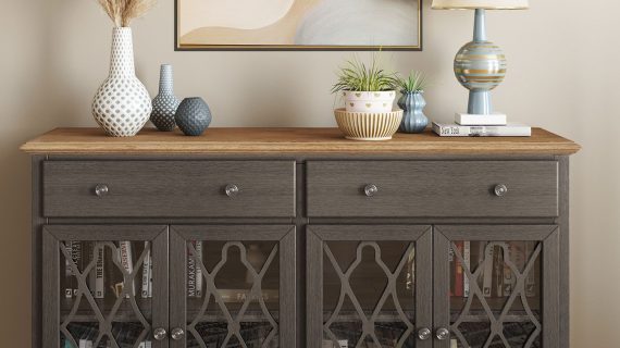 miniaturka Brązowoszara Komoda Przeszklone Drzwi Szprosy – Avola