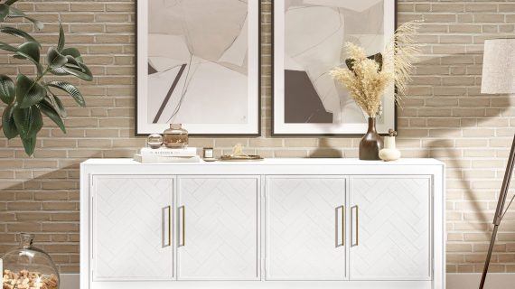 miniaturka Biała Komoda Intarsjowane Drzwi Złote Uchwyty – Avola