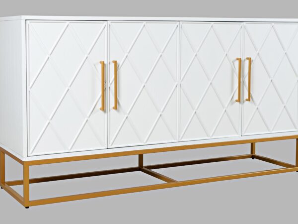 Biała komoda z geometrycznymi zdobieniami i złotymi uchwytami, widok z przodu