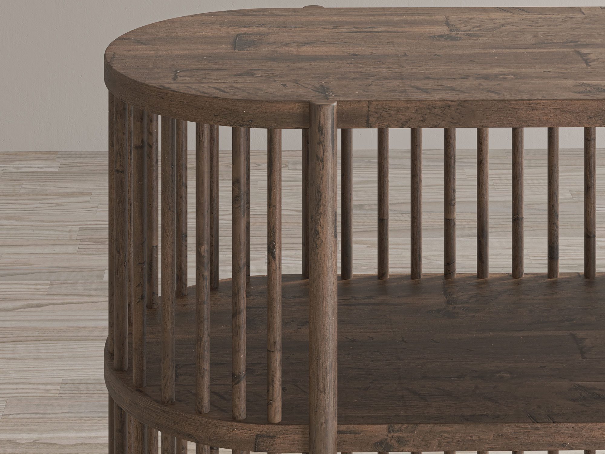 Detal blatu regału drewnianego w kolorze orzecha z zaokrąglonym wykończeniem Detal blatu regału drewnianego w kolorze orzecha z zaokrąglonym wykończeniem