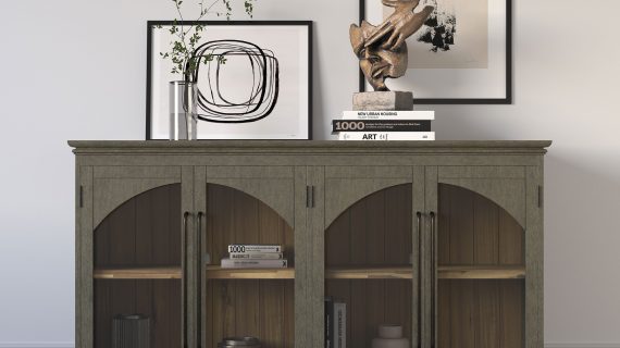 miniaturka Komoda Szaro-Oliwkowa Cztery Przeszklone Drzwi Ozdobne Łuki – Avola