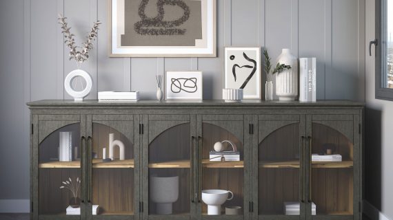 miniaturka Komoda Oliwkowo-Szara Ozdobne Łuki Przeszklone Drzwi – Avola