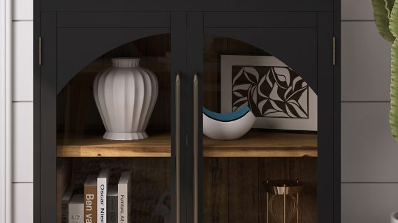 miniaturka Czarna Komoda Dwoje Drzwi Przeszklonych Ozdobne Łuki – Avola