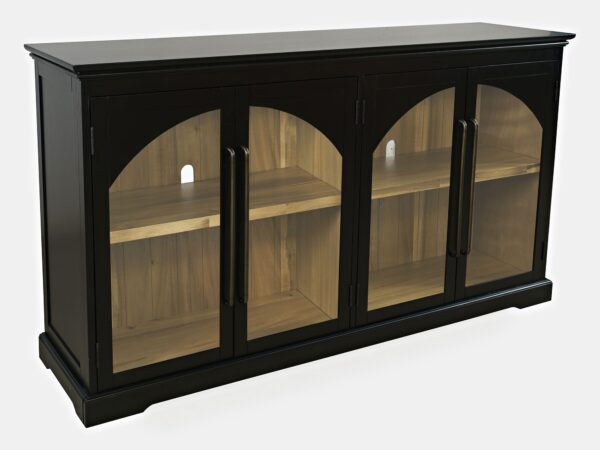 Witryna w kolorze czarnym z przeszklonymi drzwiami i drewnianym wnętrzem