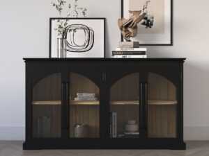 miniaturka Komoda Czarna Cztery Przeszklone Drzwi Łukowe Zdobienia – Avola