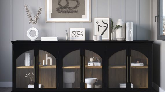 miniaturka Czarna Komoda Sześć Przeszklonych Drzwi Ozdobne Łuki – Avola