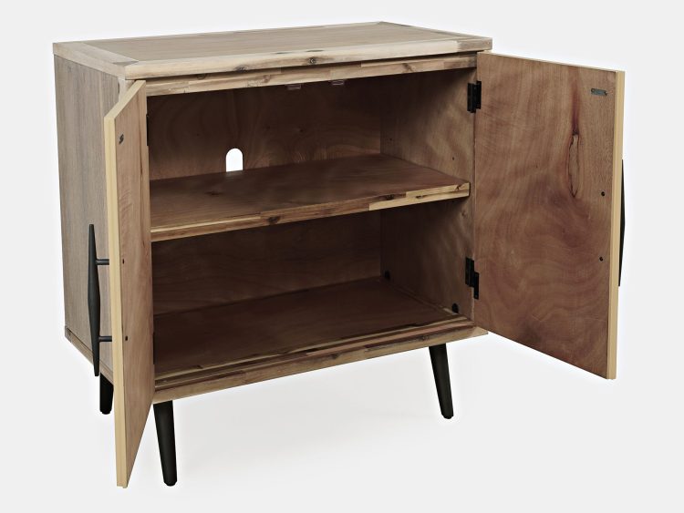 Komoda drewniana z półkami i czarną ramą w stylu nowoczesnym