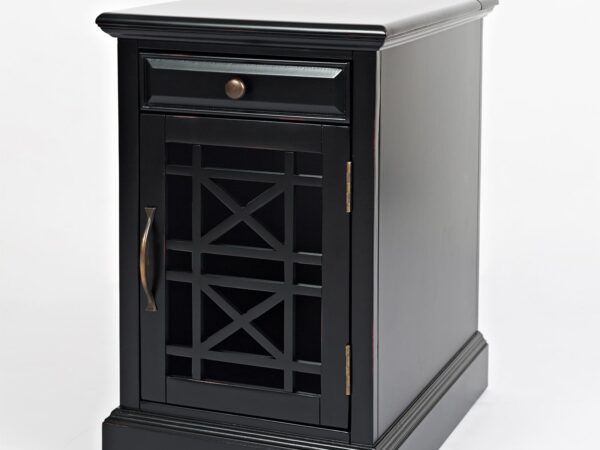 Czarna szafka nocna z otworem w blacie do ładowania urządzeń, widok z góry