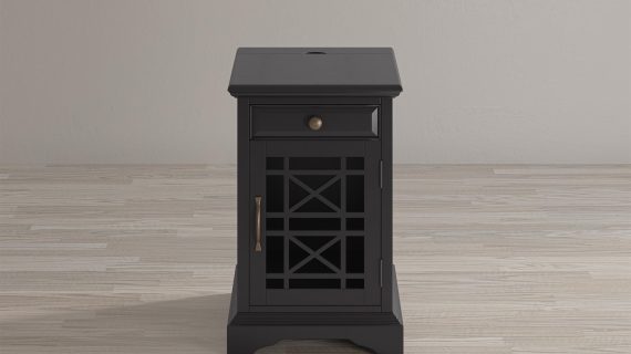 miniaturka Czarna Szafka Nocna z USB i Ozdobnymi Szprosami – Avola