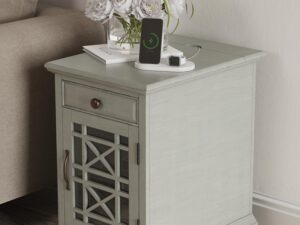 miniaturka Szaromiętowa Szafka Nocna Przeszklone Drzwi USB – Avola