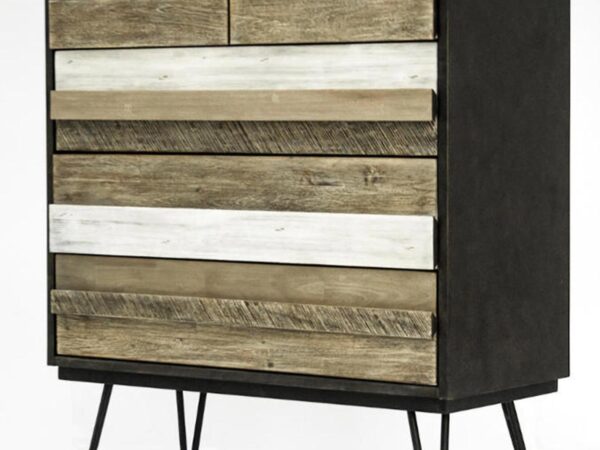 Wysoka komoda drewniana z czarnymi bokami i nogami