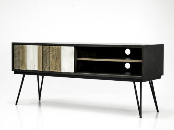 Szafka RTV loftowa z białymi uchwytami i drewnem