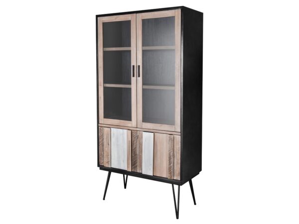 Witryna loftowa z czarną ramą i drewnianymi frontami