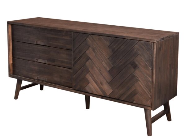 Komoda z drewnianym wzorem w jodełkę i czystą bryłą