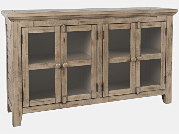 Komoda z przeszklonymi frontami w naturalnym kolorze drewna w stylu vintage