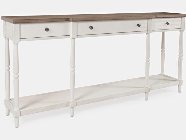 Konsola prowansalska z białym stelażem, drewnianym blatem i dolną półką, trzy szuflady