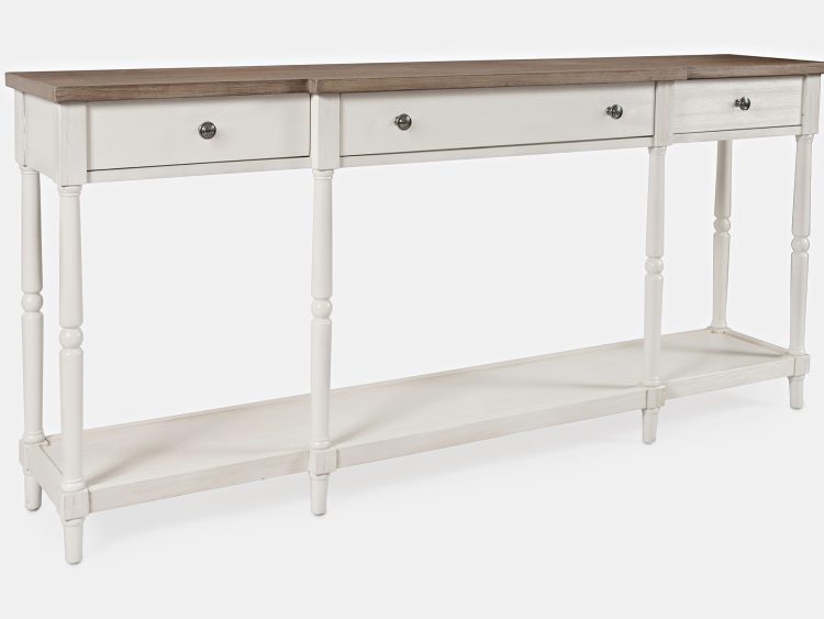 Konsola prowansalska z białym stelażem, drewnianym blatem i dolną półką, trzy szuflady