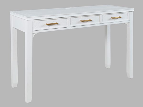 Biurko białe z trzema szufladami i złotymi uchwytami do gabinetu