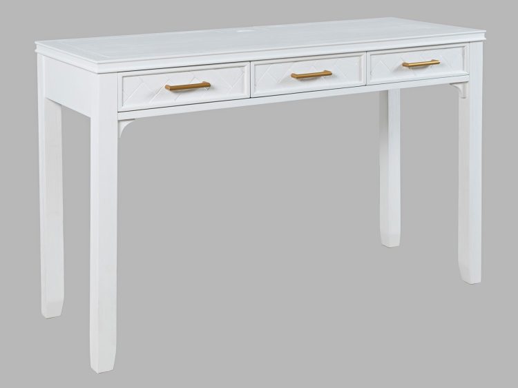 Biurko białe z trzema szufladami i złotymi uchwytami do gabinetu