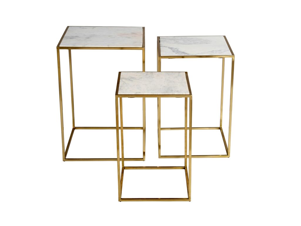 Zestaw Stolików Złote Marmurowe Blaty Kwadratowa Konstrukcja – Avola