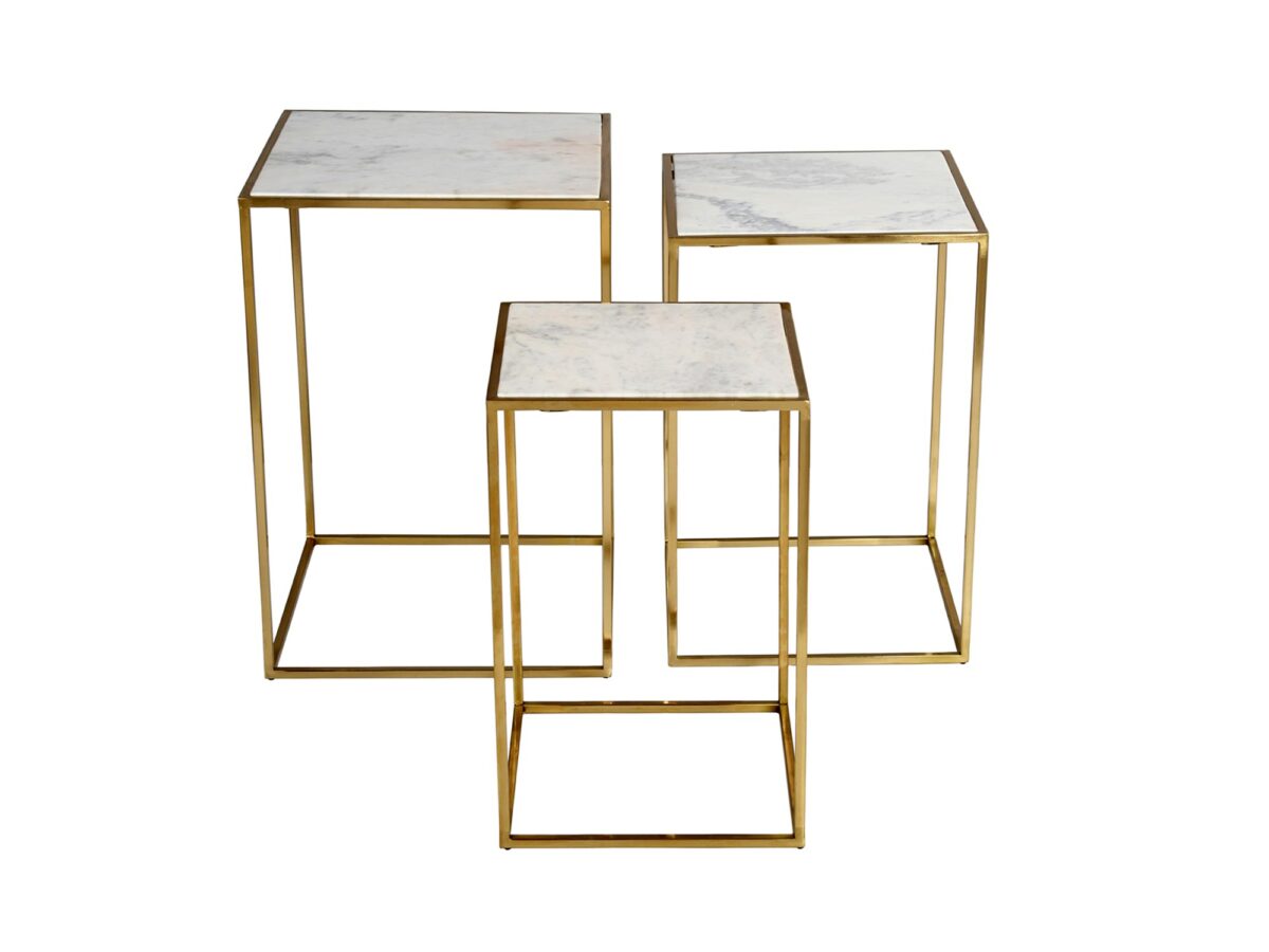 Zestaw Stolików Złote Marmurowe Blaty Kwadratowa Konstrukcja – Avola