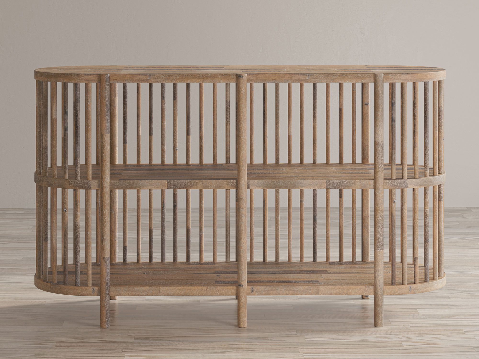 Widok z boku drewnianego regału ażurowego z półkami Widok z boku drewnianego regału ażurowego z półkami