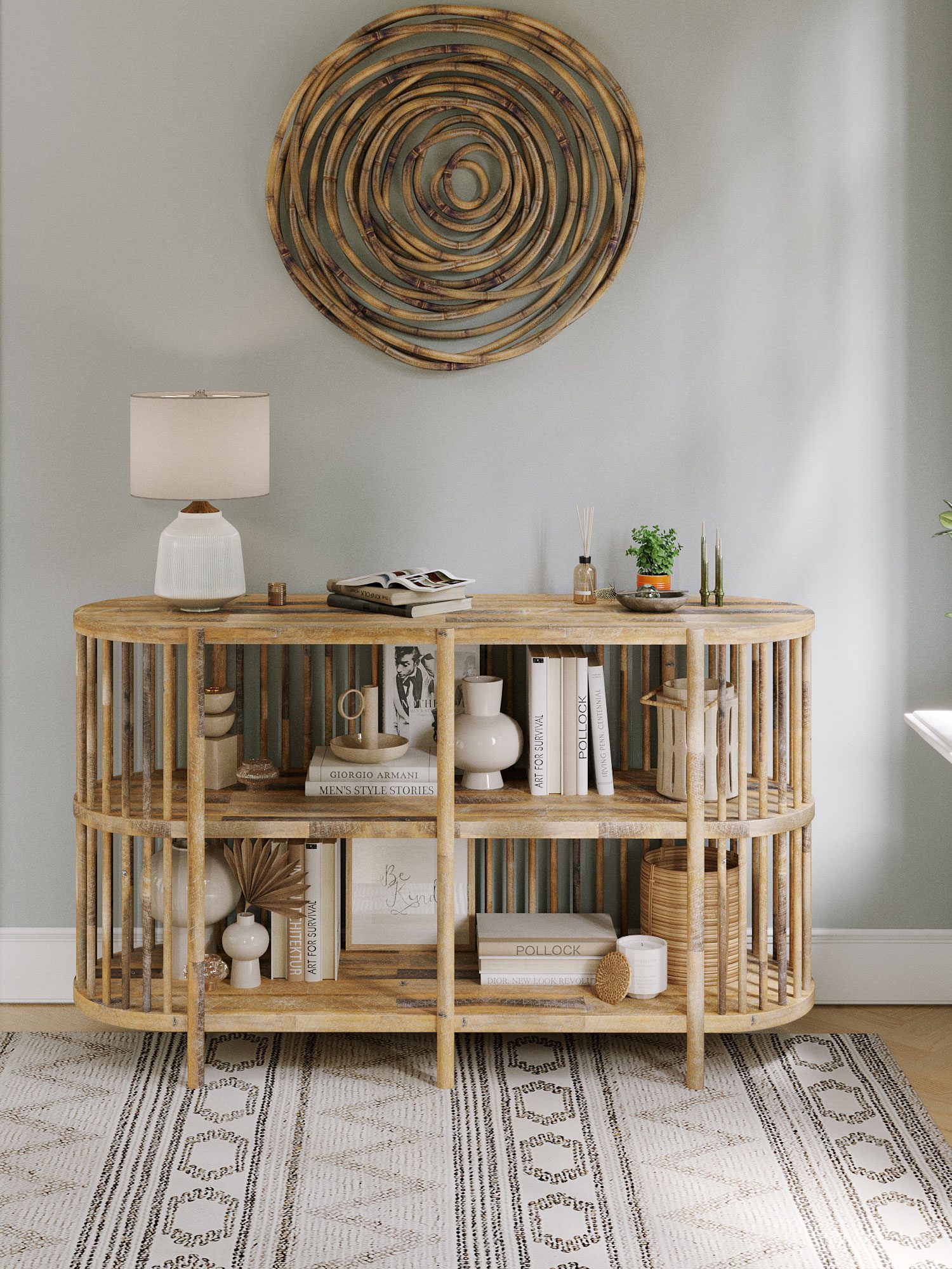 Regał ażurowy w naturalnym wybarwieniu, ustawiony we wnętrzu salonu Regał ażurowy w naturalnym wybarwieniu, ustawiony we wnętrzu salonu