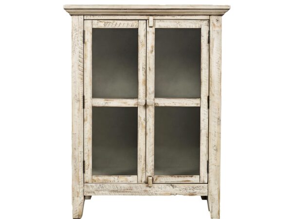 Szafka w bielonym drewnie z dwiema przeszklonymi drzwiczkami