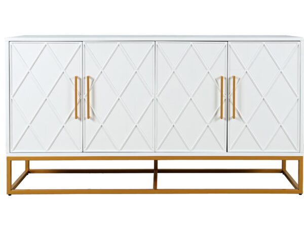 Biała komoda z geometrycznymi frezami na frontach, złotymi uchwytami i podstawą
