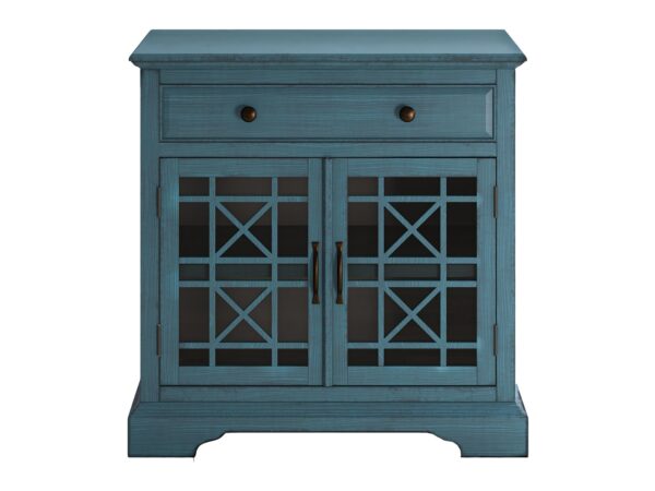 Szafka turkusowa z podwójnymi przeszklonymi drzwiami w kratownicę i jedną szufladą na górze