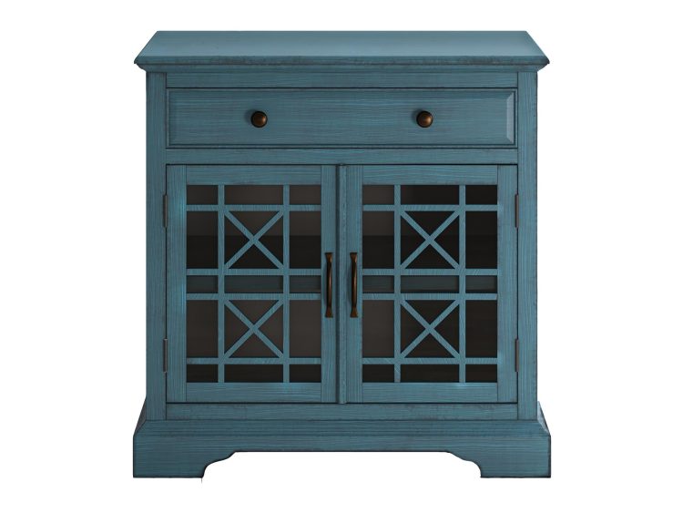 Szafka turkusowa z podwójnymi przeszklonymi drzwiami w kratownicę i jedną szufladą na górze