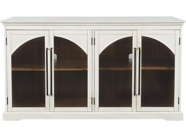 Podwójne drzwiczki białej komody z przeszklonymi panelami