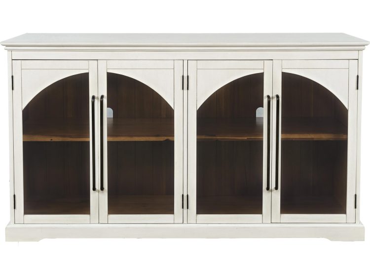 Podwójne drzwiczki białej komody z przeszklonymi panelami