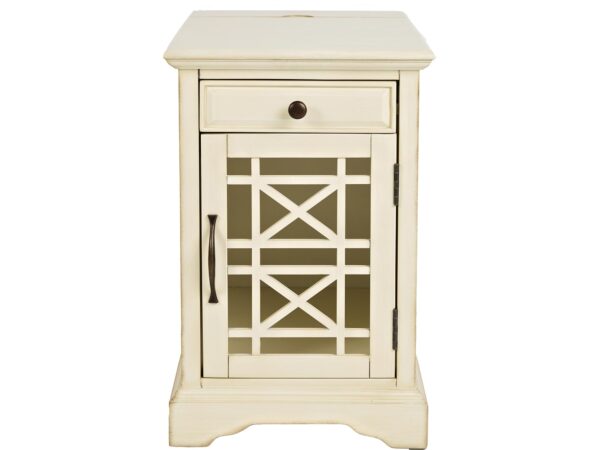 Szafka nocna w kolorze kremowym z frontem w geometryczny wzór i pojedynczą szufladą