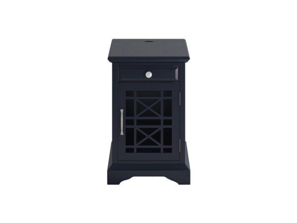 Granatowa szafka nocna z pojedynczą szufladą i drzwiczkami w kratę