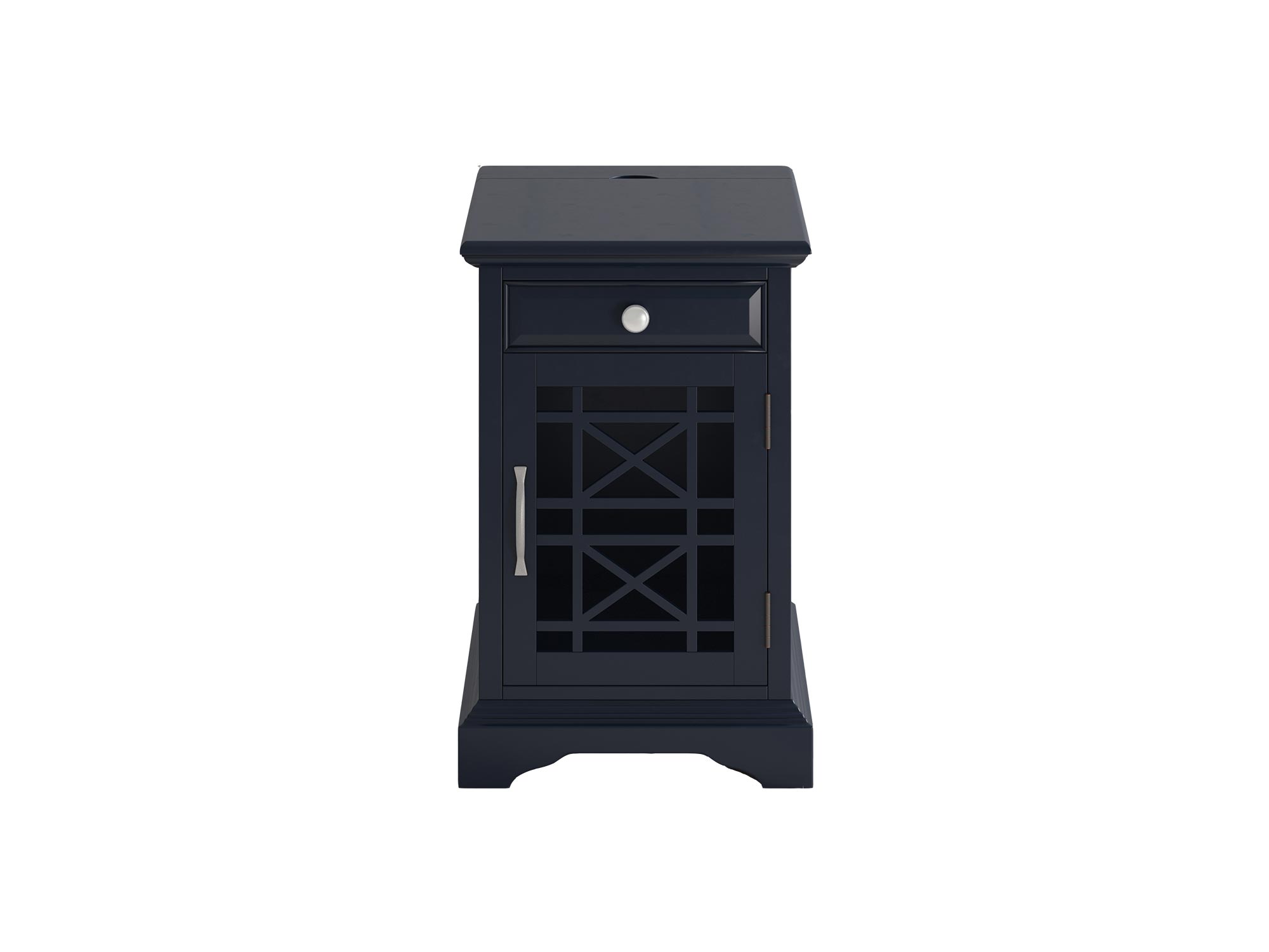 Granatowa szafka nocna z pojedynczą szufladą i drzwiczkami w kratę Granatowa szafka nocna z pojedynczą szufladą i drzwiczkami w kratę