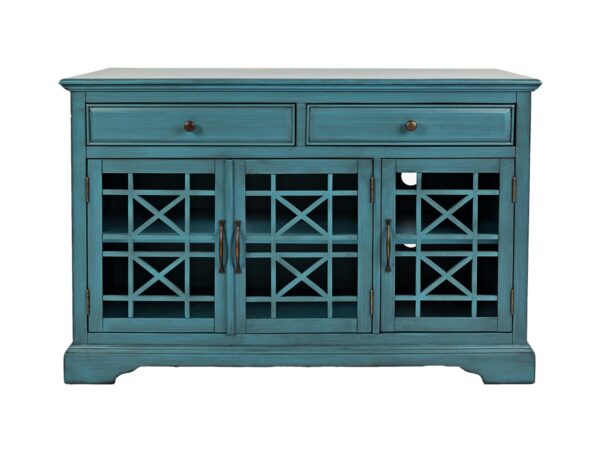 Komoda turkusowa z trzema szafkami i dwiema szufladami, fronty w kratownicę