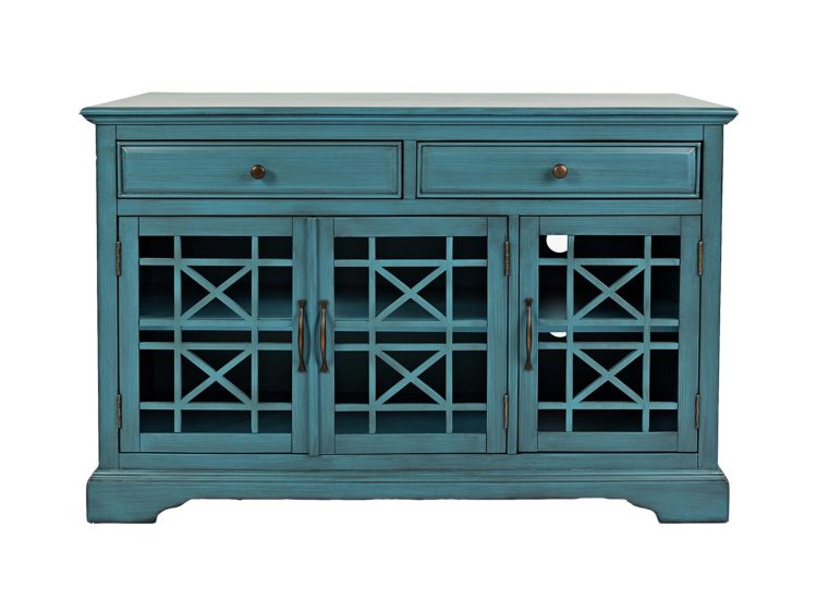 Komoda turkusowa z trzema szafkami i dwiema szufladami, fronty w kratownicę