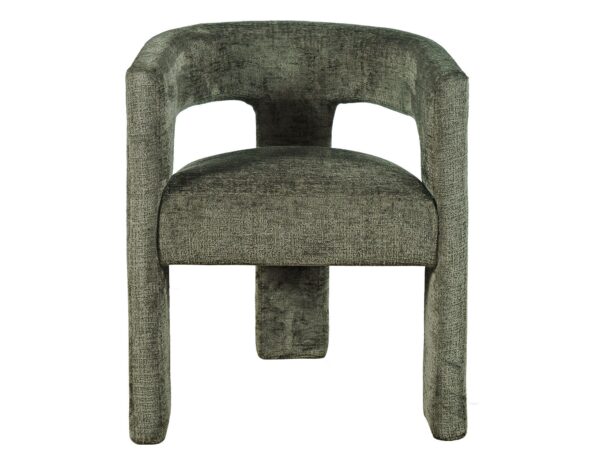 Tył zielonego tapicerowanego krzesła z oparciem i podłokietnikami