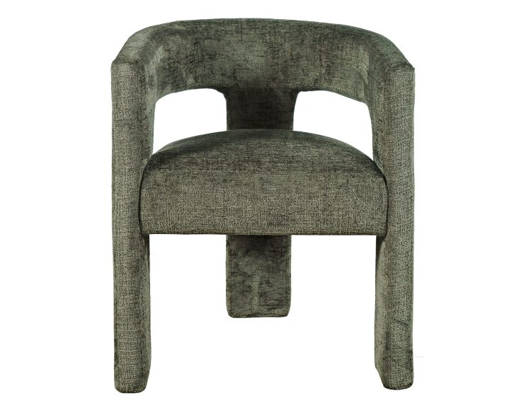 Tył zielonego tapicerowanego krzesła z oparciem i podłokietnikami