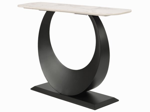 Konsola z blatem z jasnego marmuru na czarnej, okrągłej podstawie